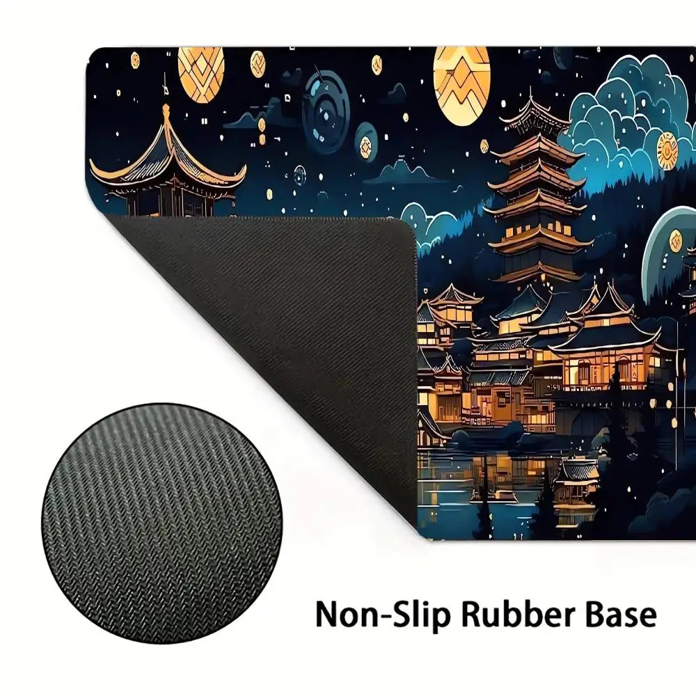 tapis souris noir illustration pagodes japonaises nuit caoutchouc antiderapant jeu numérique