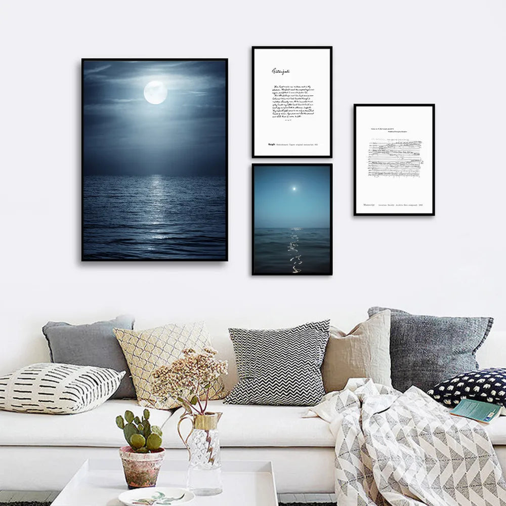 tableau toile paysage marin nocturne bleu noir blanc cadre moderne décoration murale salon intérieur