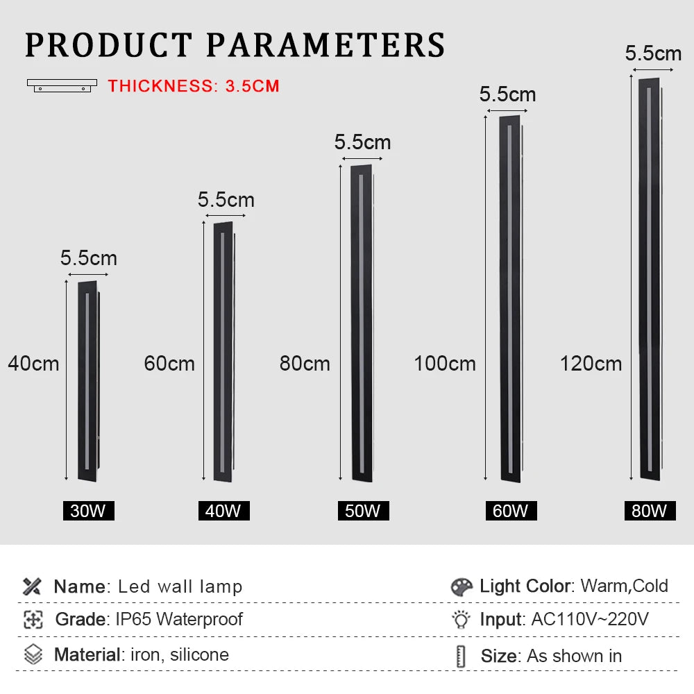 lampe murale led extérieure moderne noir blanc 40cm 60cm 80cm 100cm 120cm