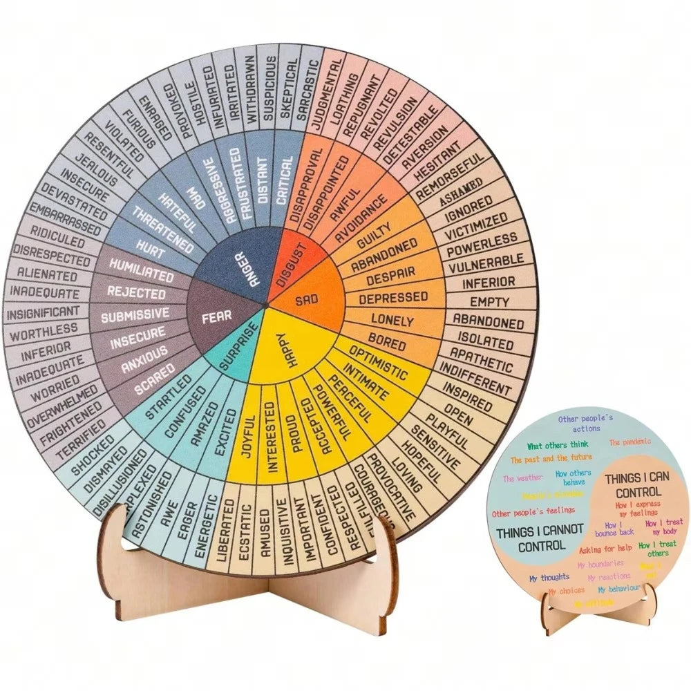 tableau d'affichage multicolore circulaire moderne sections colorées texte explicatif support bois