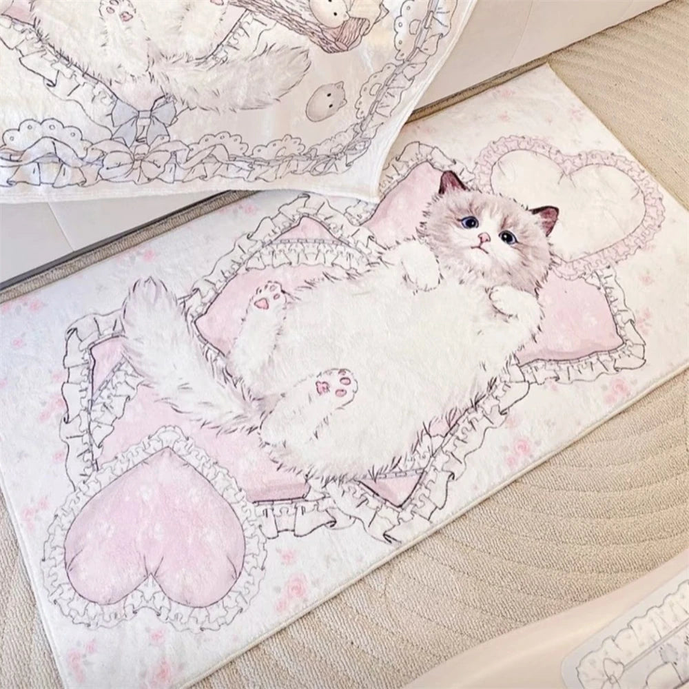 tapis dessin animé mignon chats coeurs rose polyester salon chambre décoration