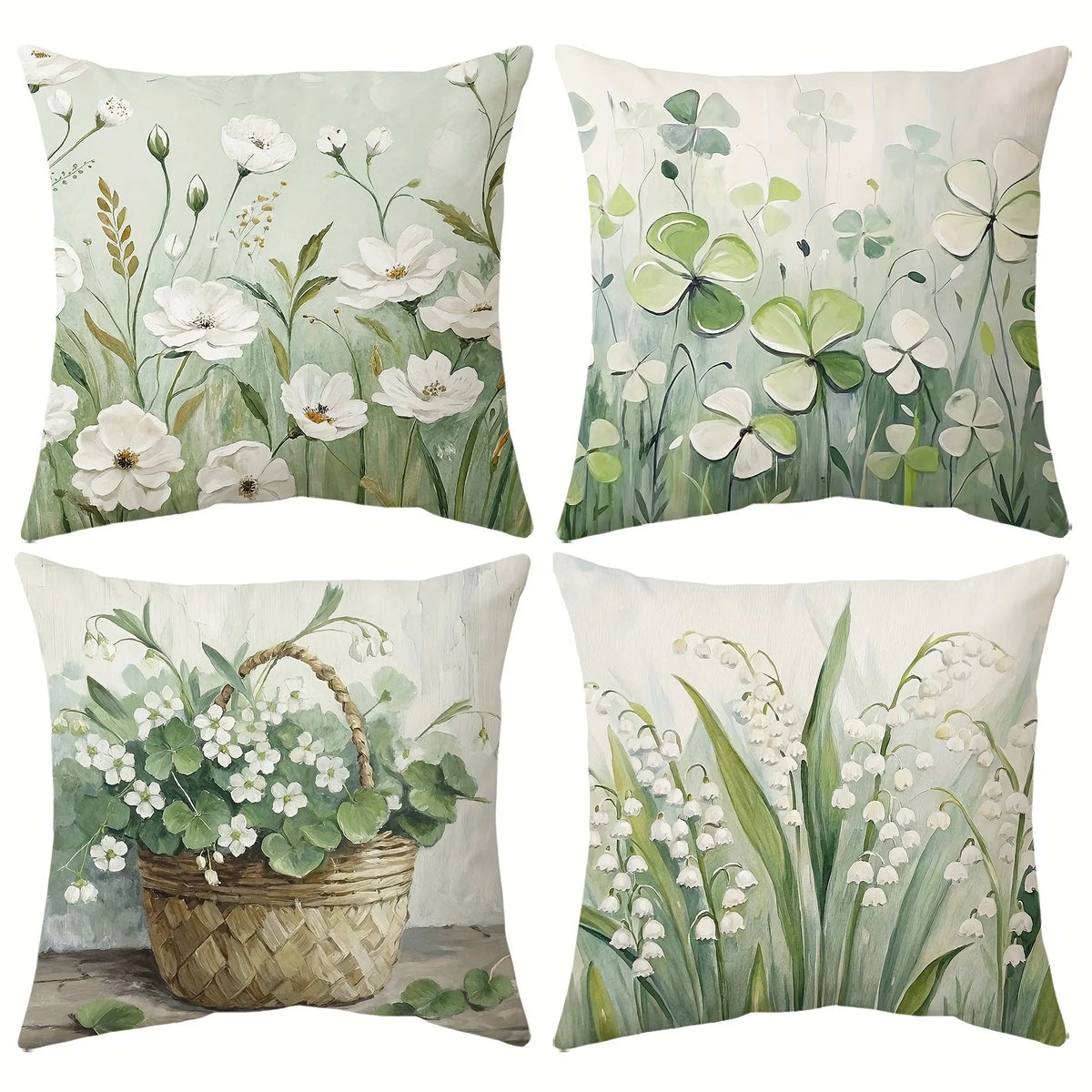 taies d'oreiller fleur motif floral printemps couleur vert blanc rustique naturel décoration intérieure coussins