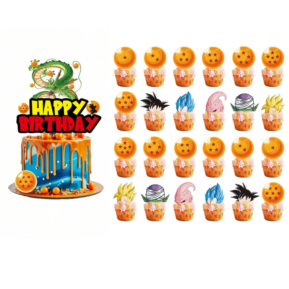 fourchettes cupcakes décorations dragon ball personnages boules toppers adhésifs gâteau anniversaire diy orange bleu