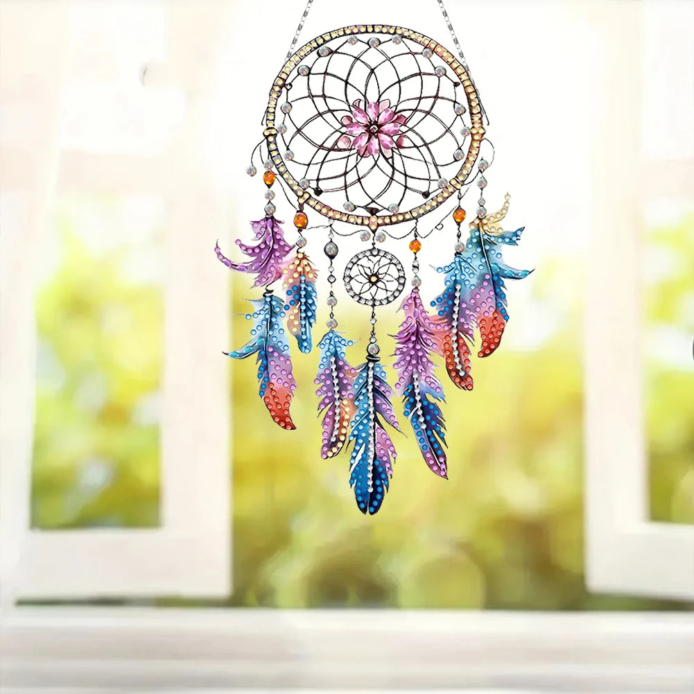 attrape rêves boho plumes fleurs violet bleu rose or pendaison décoration intérieure artisanal