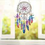 attrape rêves boho plumes fleurs violet bleu rose or pendaison décoration intérieure artisanal
