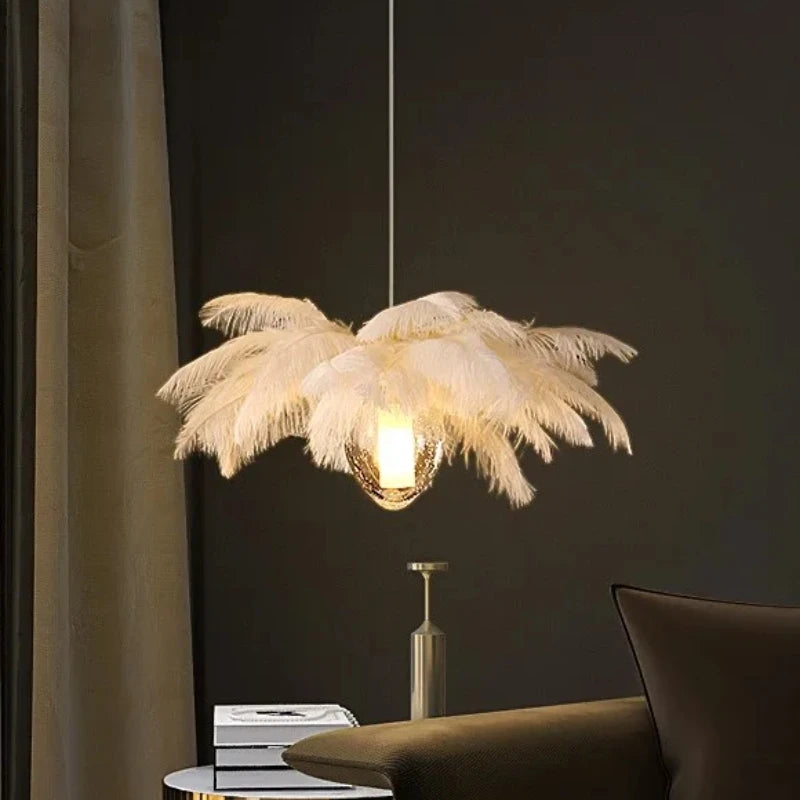 suspension lumineuse moderne plumes blanches opaques chaînes suspendues ampoules incluses