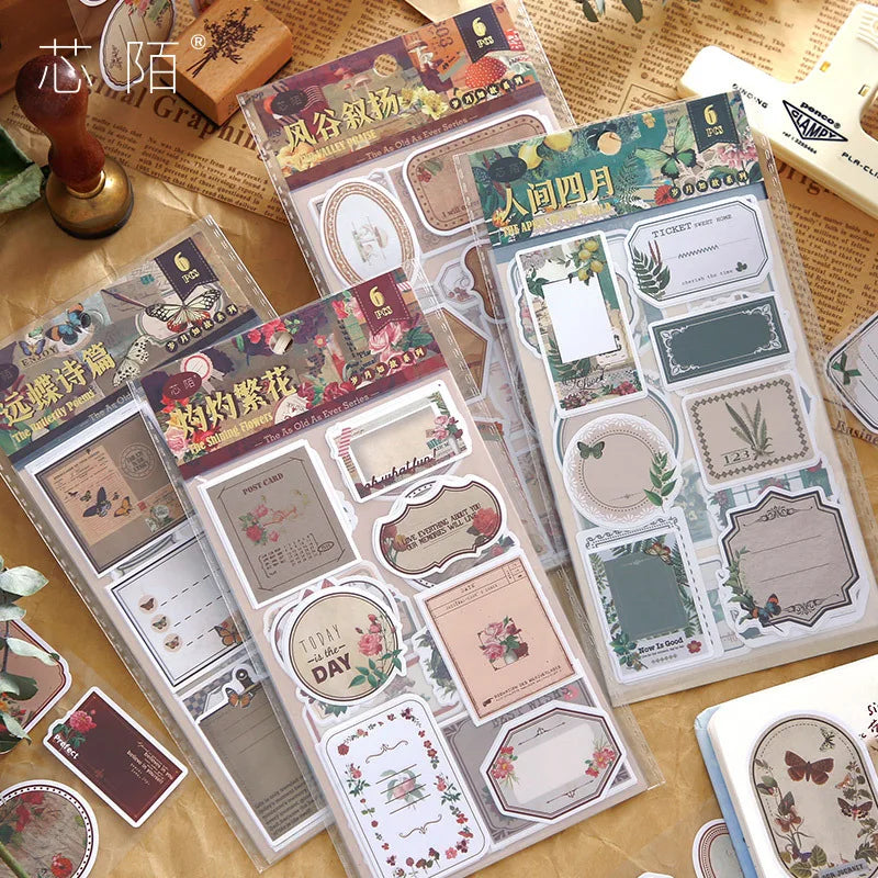 étiquettes autocollantes vintage fleurs papillons motifs géométriques beige marron vert rose noir blanc