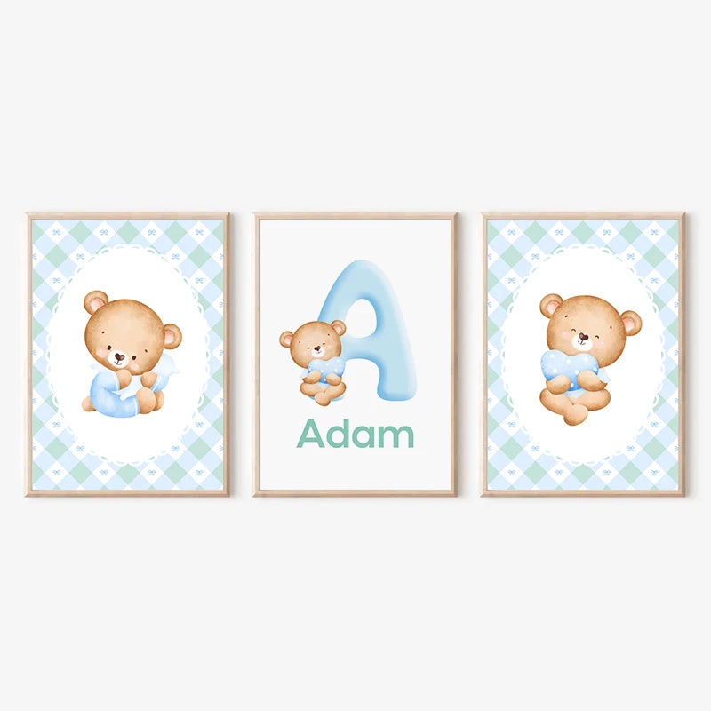 lettres alphabetiques ours mignons fond géométrique rose bleu dessin animé impressions toile sans cadre
