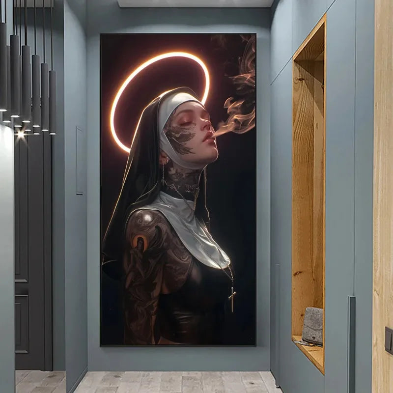 tableau toile tattoo nonne croix halo lumineux contemporain or noir rouge gris İslamistique erotique