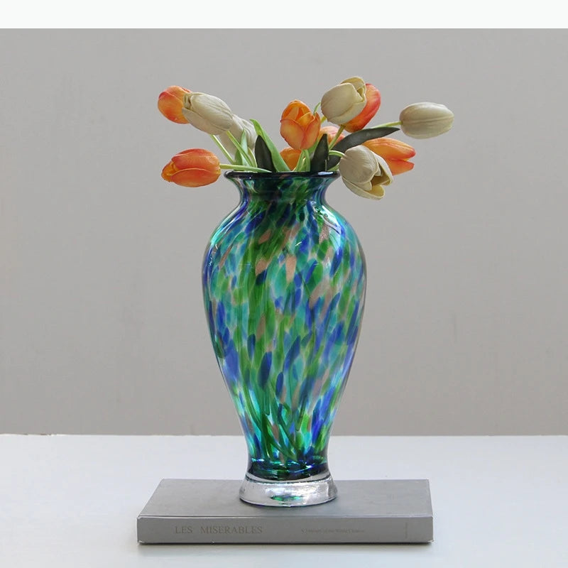vase translucide motifs bulles couleur bleu vert tulipes décoration table artisanal moderne