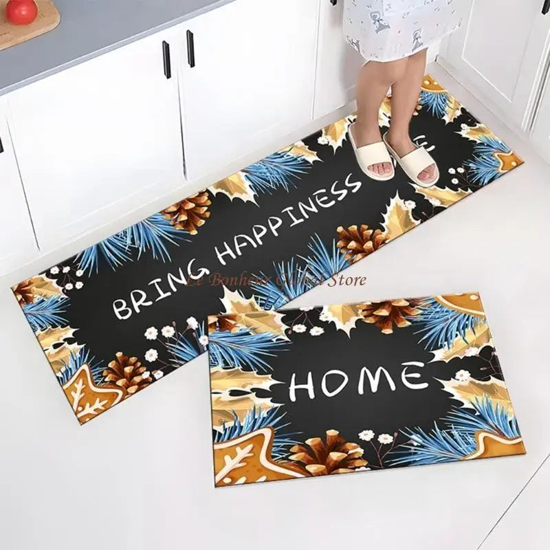 tapis sol cuisine motifs géométriques floraux moderne bleu foncé orange blanc
