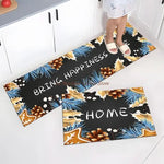 tapis sol cuisine motifs géométriques floraux moderne bleu foncé orange blanc