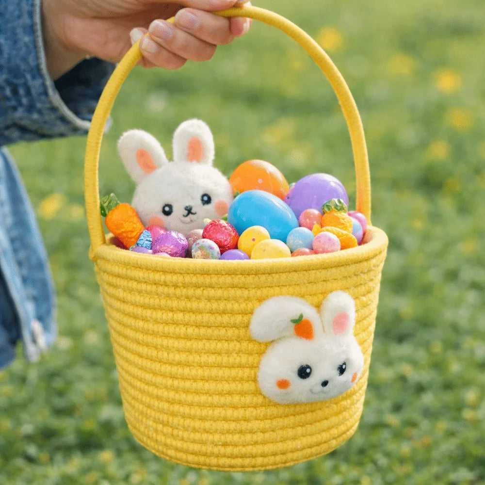 panier tressé réutilisable rose jaune bleu motif lapin festif décoration maison contenants cadeaux pâques