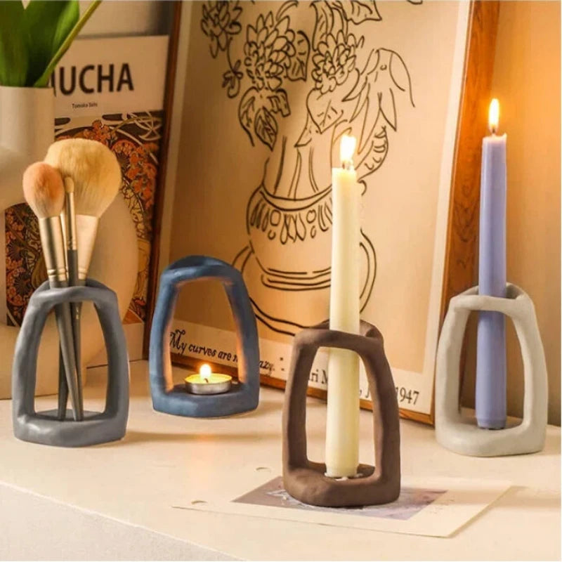 support bougie pinceaux cosmétiques moderne minimaliste gris bleu marron beige adhésif decoration maison céramique