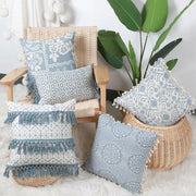 housse coussin bohème bleu gris motif géométrique texture tissée franges 45x45cm 30x50cm