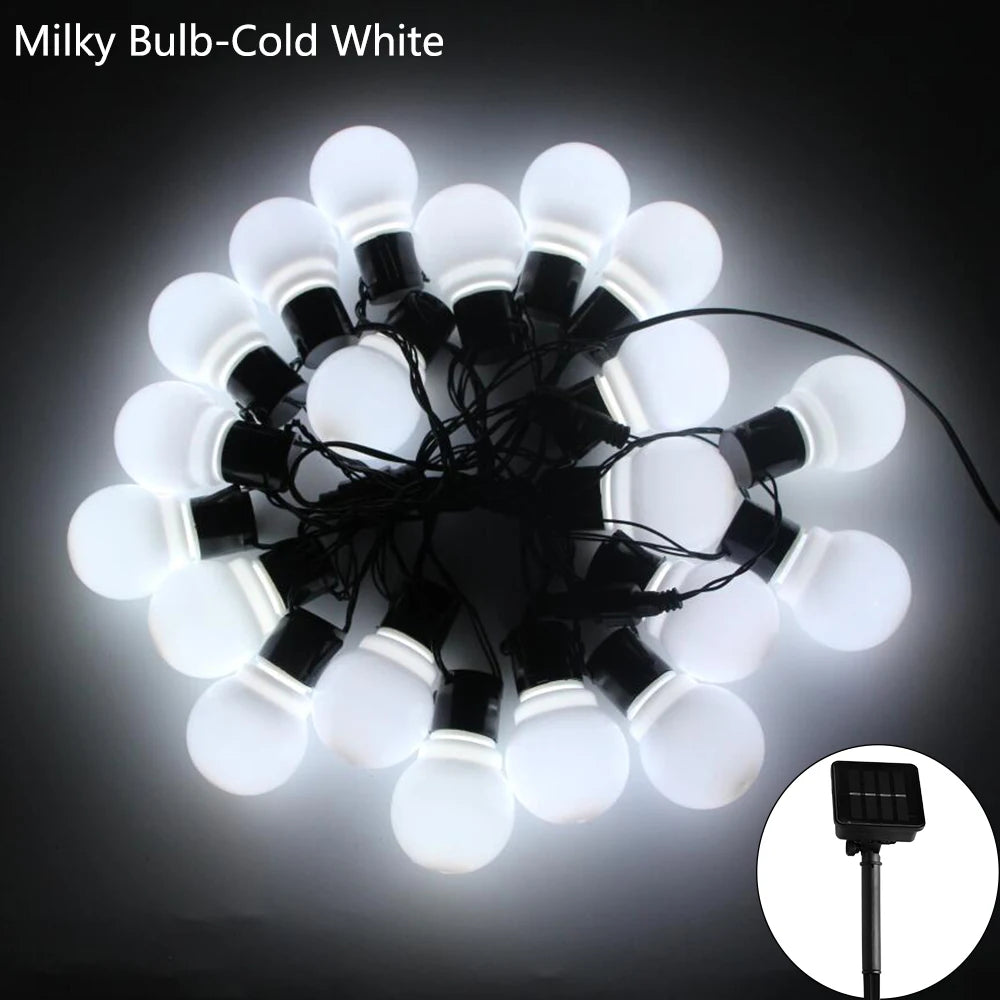 guirlande lumineuse solaire 12m 38 ampoules blanc transparent boules sphériques moderne spikesextérieur noël fêtes