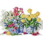 Kit broderie fleurs vases multicolore toile coton 14 16 11CT imprimée instructions