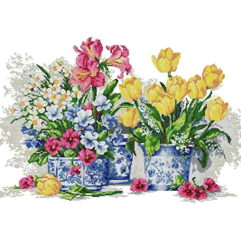 Kit broderie fleurs vases multicolore toile coton 14 16 11CT imprimée instructions