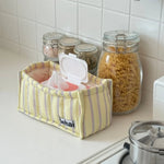 boîte rangement moderne bleu clair jaune clair blanc rayures fines tissu amovible pratique sans