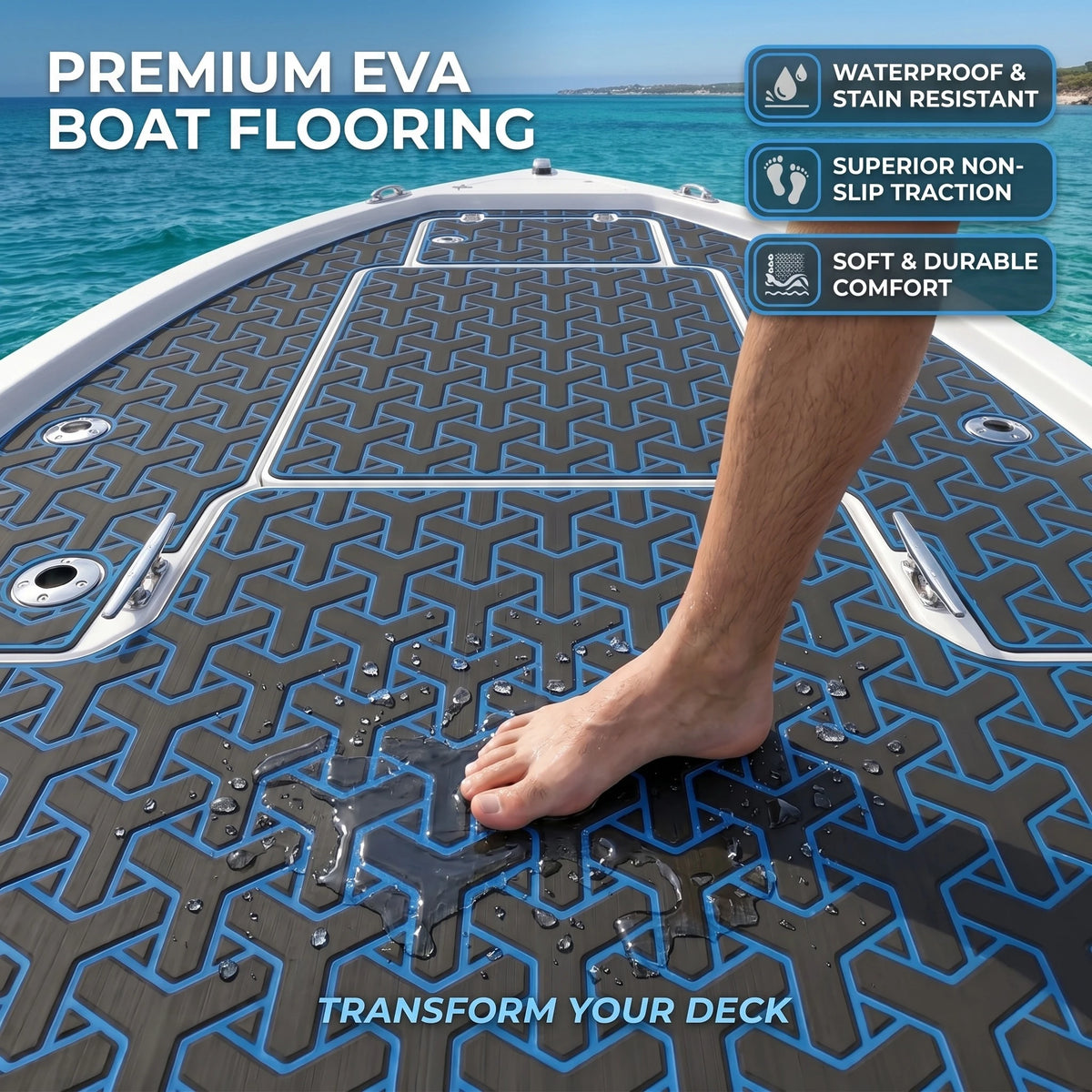 tapis sol bateau mousse eva antidérapant motif géométrique bleu gris adhésif pont yacht