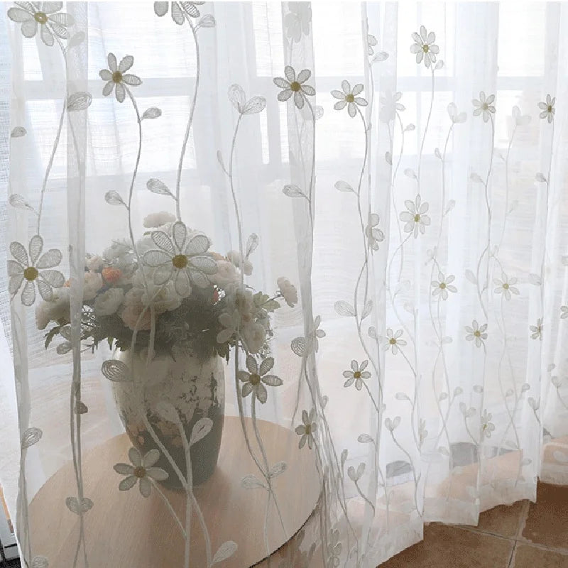 rideau transparent brodé fleurs blanc romantique maison polyester plissé