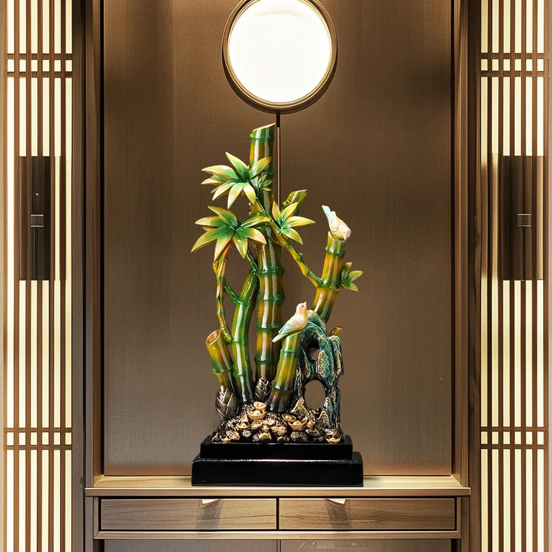 sculpture décorative bambou oiseaux vert marron asiatique traditionnel résine verte jaune