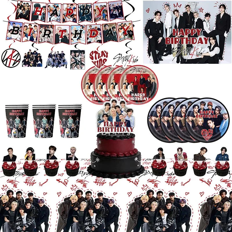 ensemble vaisselle jetable anniversaire stray kids gobelets assiettes serviettes guirlande décorations fête papier