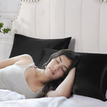 lot protège oreiller noir satin brillant cheveux peau lit moderne