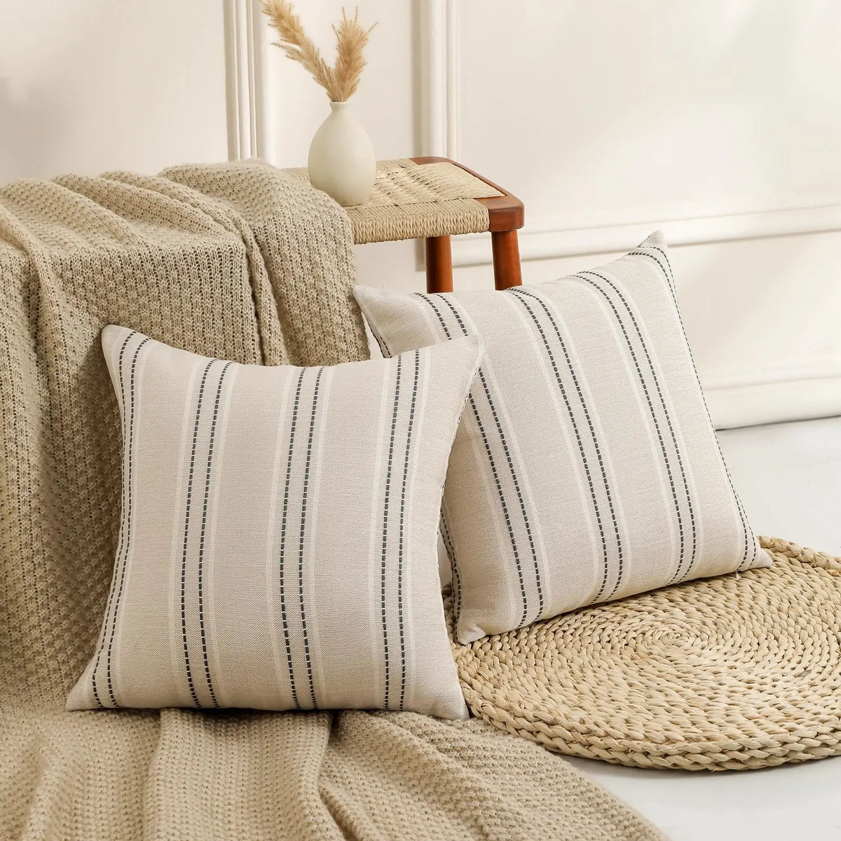 housses coussin rayées polyester non toxique respectueux environnement rustique beige clair fixations