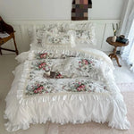 ensemble literie floral romantique blanc rose vert dentelle volants pièces