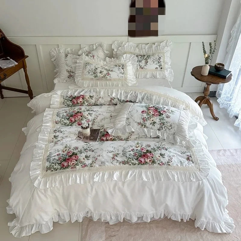 ensemble literie floral romantique blanc rose vert dentelle volants pièces