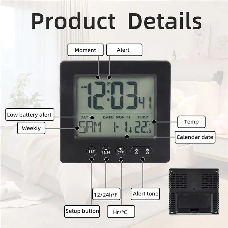 réveil numérique horloge date température alarme noir minimaliste led affichage changement boutons