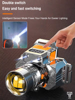 lampe frontale rechargeable led argent orange zoomable ceinture ajustable affichage numérique moderne technologiqueextérieur camping