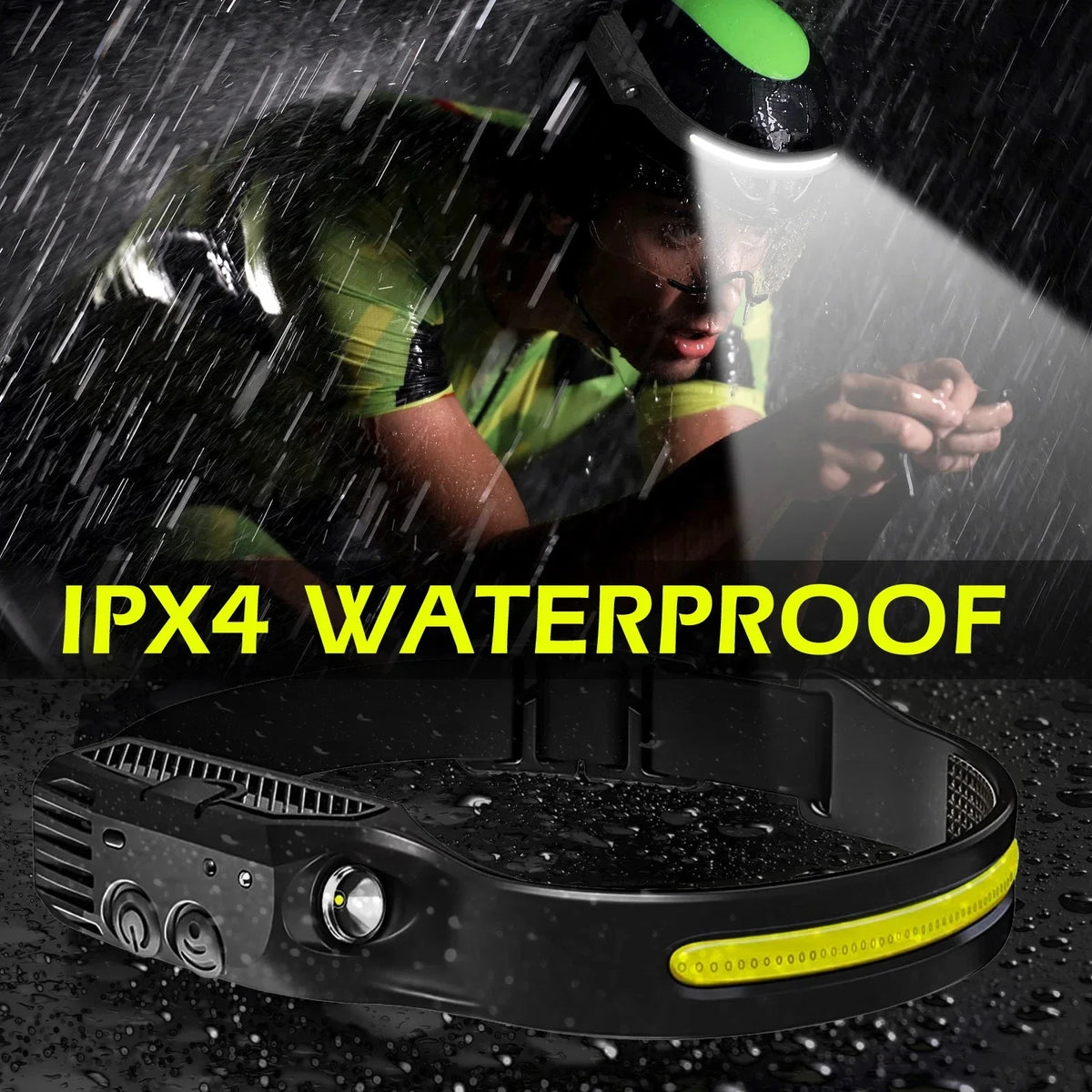 lampe frontale rechargeable led ipx4 camping pêche ceinture ajustable sensor switch noir jaune