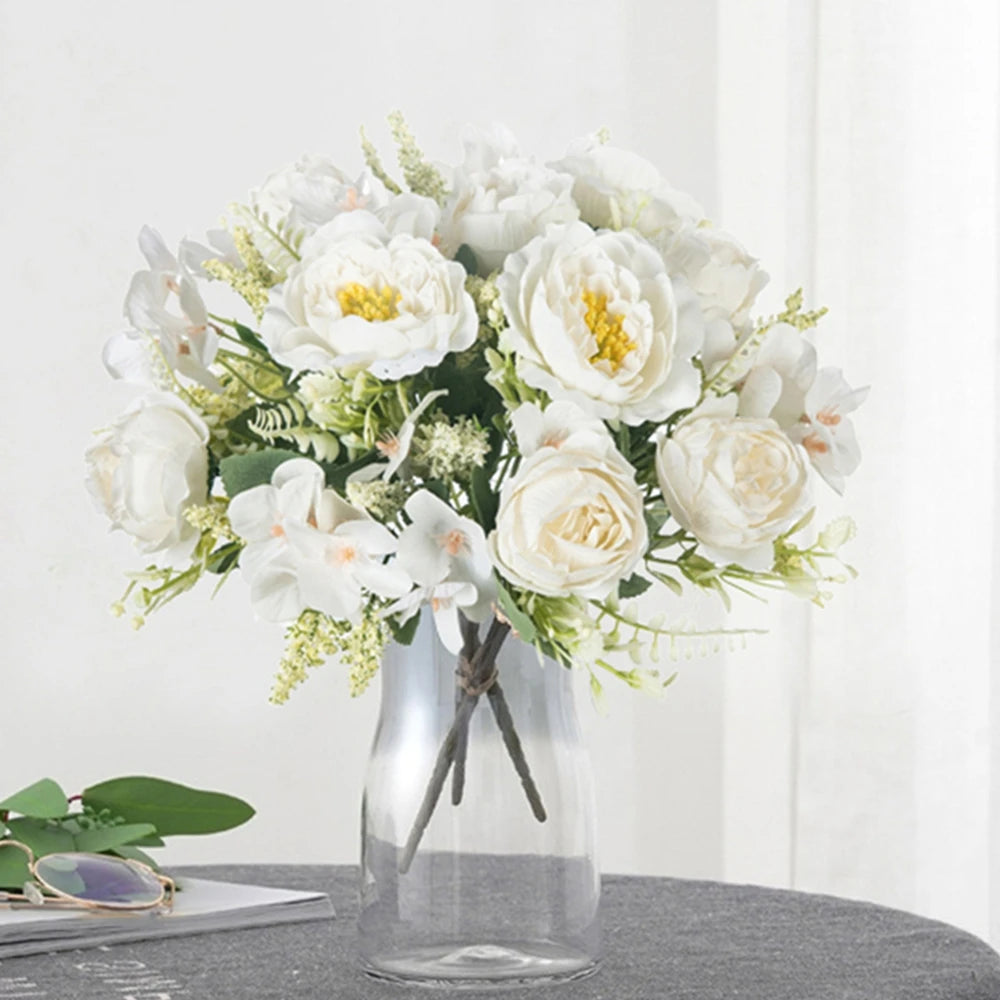 décoration extérieure bouquet fleurs artificielles pivoine rose blanche orange bleu gris romantique vase maison