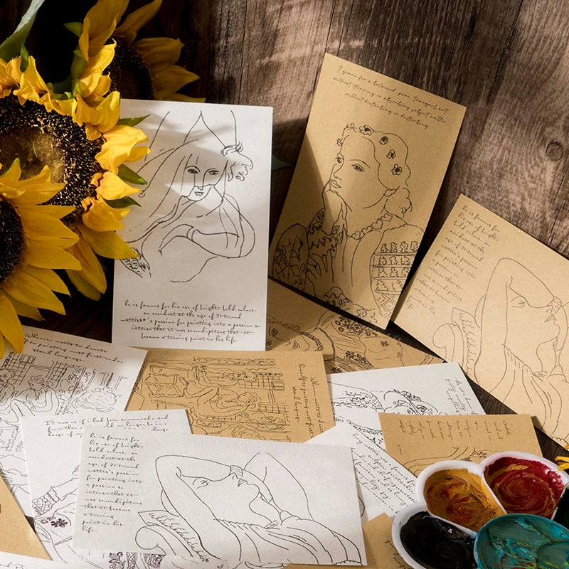 cartes postales artistes motifs monochromes dessins manuscrits peintres célèbres vintage lignes fines junk journal