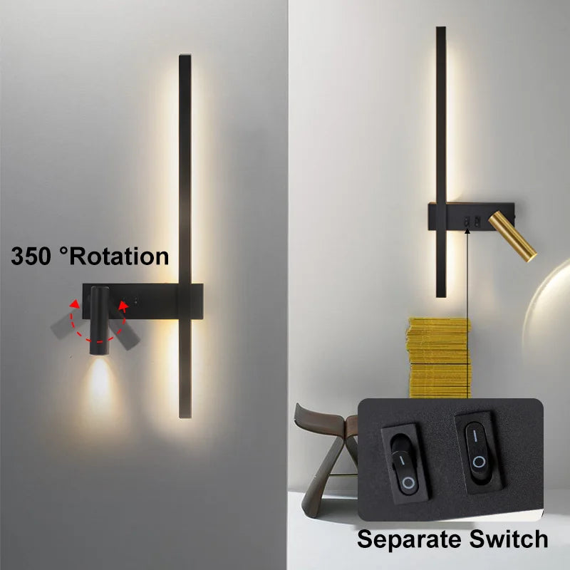 applique murale led noir doré moderne éclairage minimaliste interrupteur séparé rotation 350 degrés chambre