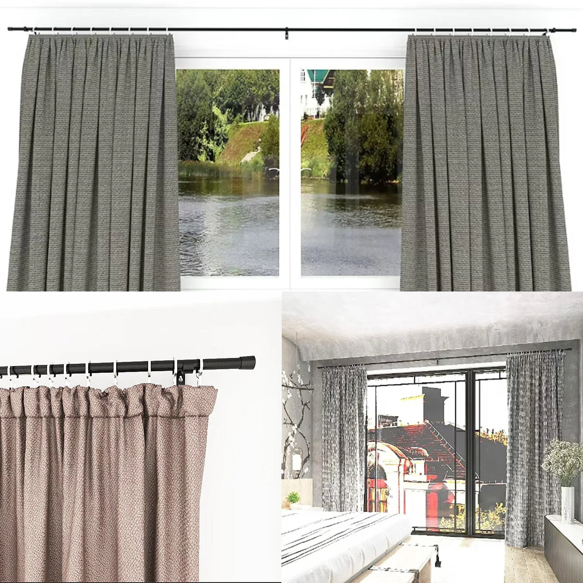 tringle rideaux extensible moderne anneaux métalliques rideaux plissés supports muraux noirs gris opaques minimaliste