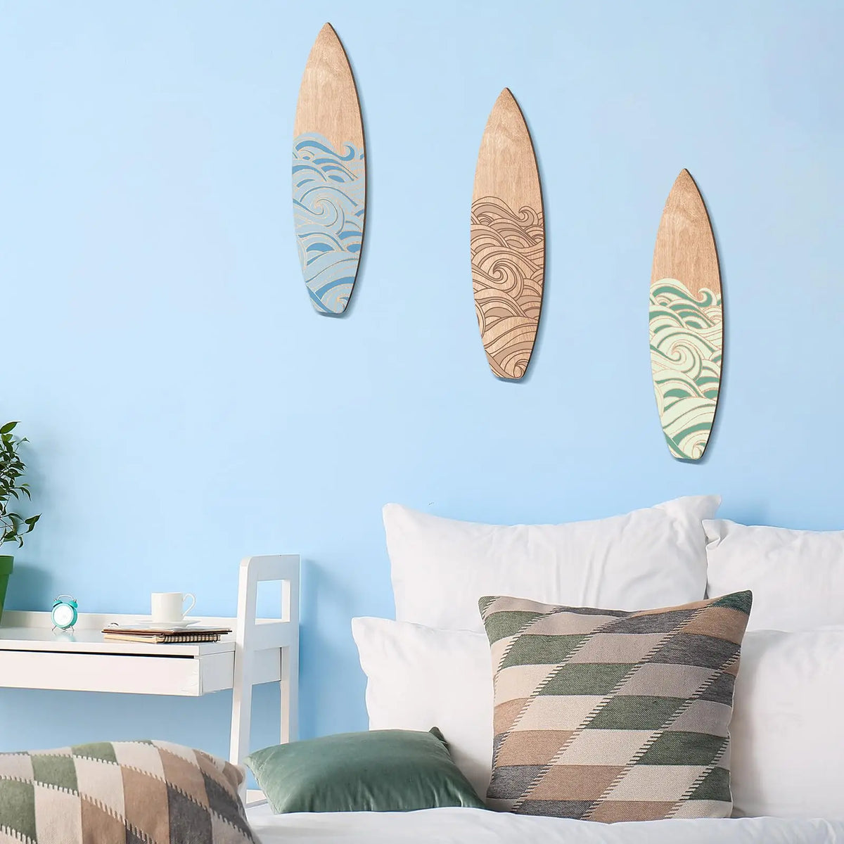 décoration murale planche surf bois vague stylisée moderne adhésif chambre salon