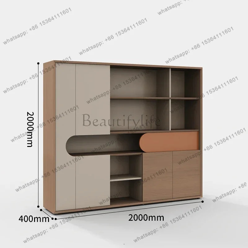 meuble rangement moderne bois beige marron orange compartiments documents portes tablettes assemblage facile robuste