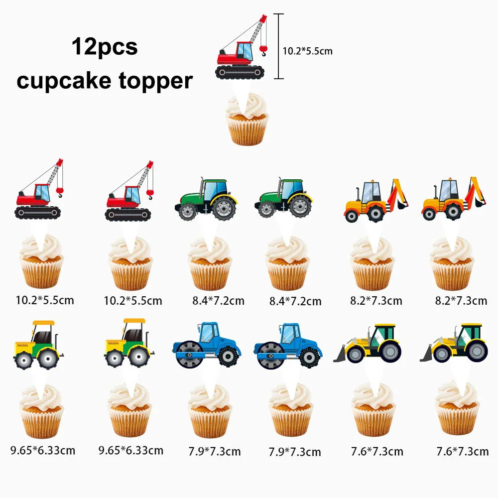 décoration fête anniversaire tracteur camion grues happy birthday spirales bannières cupcake toppers cartoony