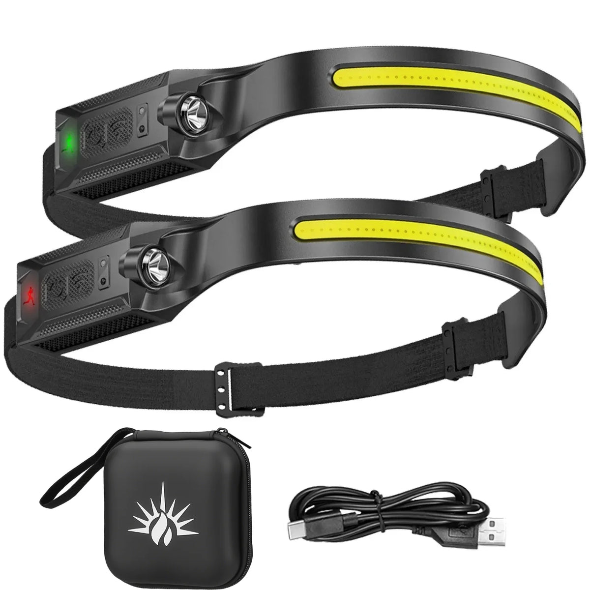 lampe frontale led rechargeable noire jaune modes luminosité réglable camping randonnée