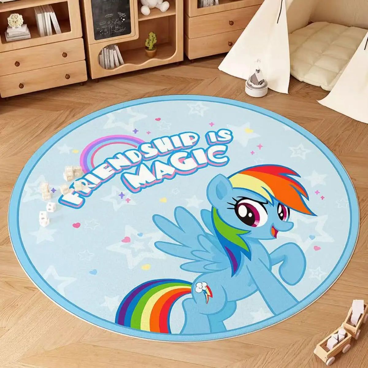 tapis rond flanelle dessin animé poney friendship magic arc ciel coeurs étoiles beige rose