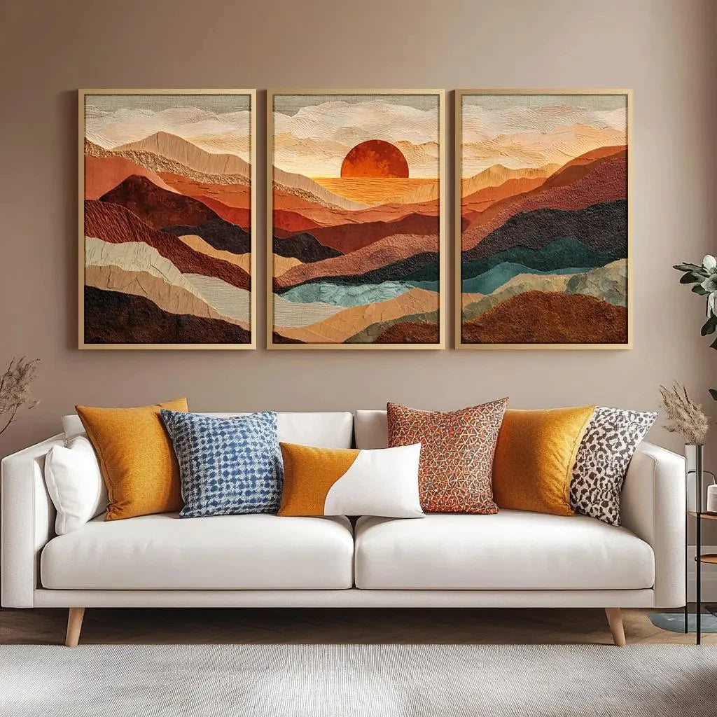 tableau moderne paysage montagneux coucher soleil orange brun beige bleu noir toile sans cadre