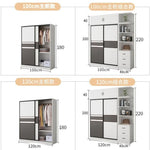 armoire moderne minimaliste blanc gris panneaux rectangulaires vêtements suspendus boîtes rangement jouets poignées porte