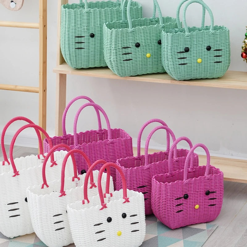 panier rangement vert clair chat mignon poignées corde blanc rose respectueux environnement