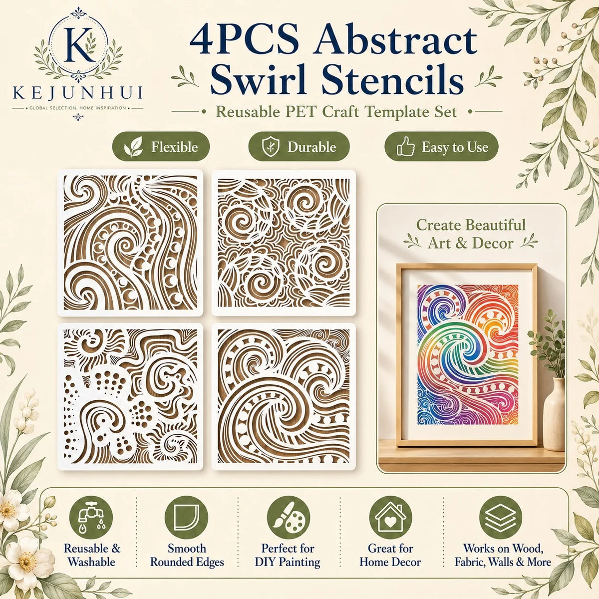 pochoirs peinture abstraite spirales motifs floraux moderne adhésif bois mur meubles décoration diy maison
