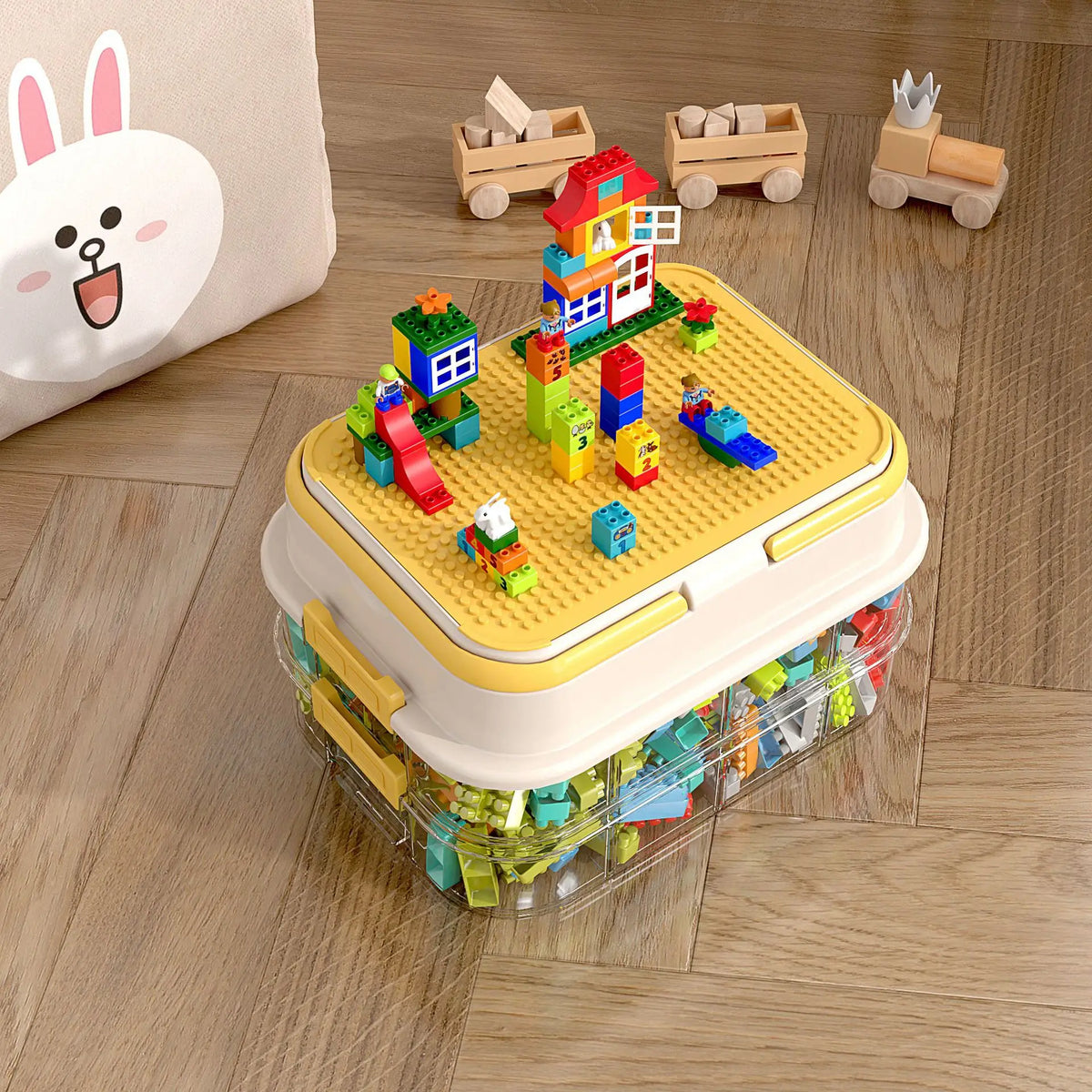 boîtes rangement jouets transparentes plaques lego like poignées couleurs blanc jaune vert bleu rouge