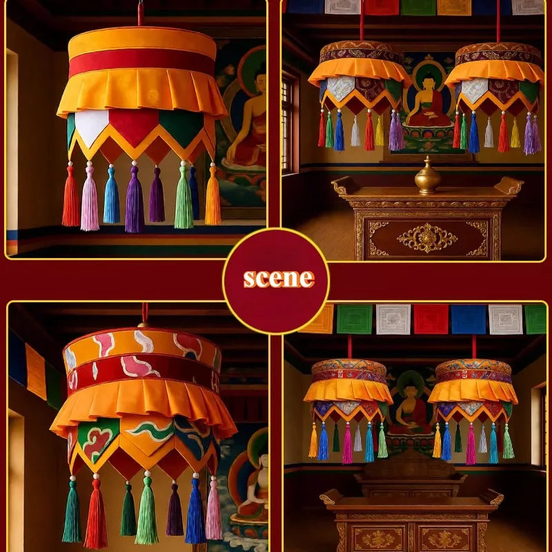 lampe suspendue ethnique broderie couleur variée franges traditionnelle decoration maison tibétaine orange marron vert