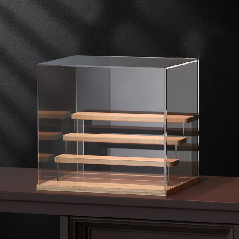 étagère figurines transparente moderne bois clair réutilisable pliable organisateur collection carrée respectueuse environnement minimaliste